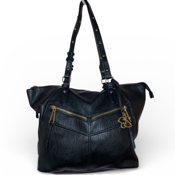 Jessica Simpson Handbags - JESSICA SIMPSON Shoulder Bag Handbag Faux Vegan Leather Signature Bag Black Gold